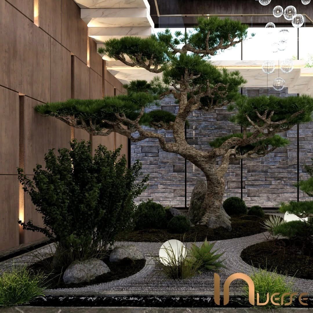 zen garden elements with plants on staircase