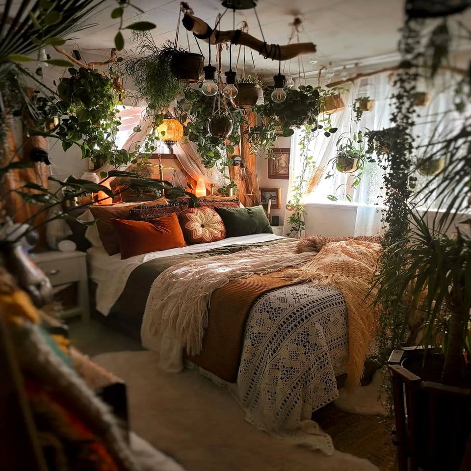Layered velvet and sheer canopy with plants