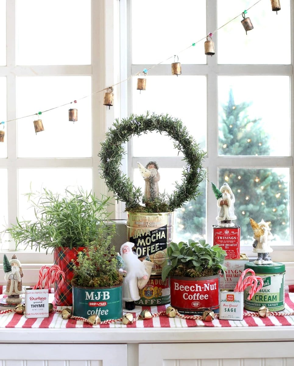 table centerpiece with tin can herbs