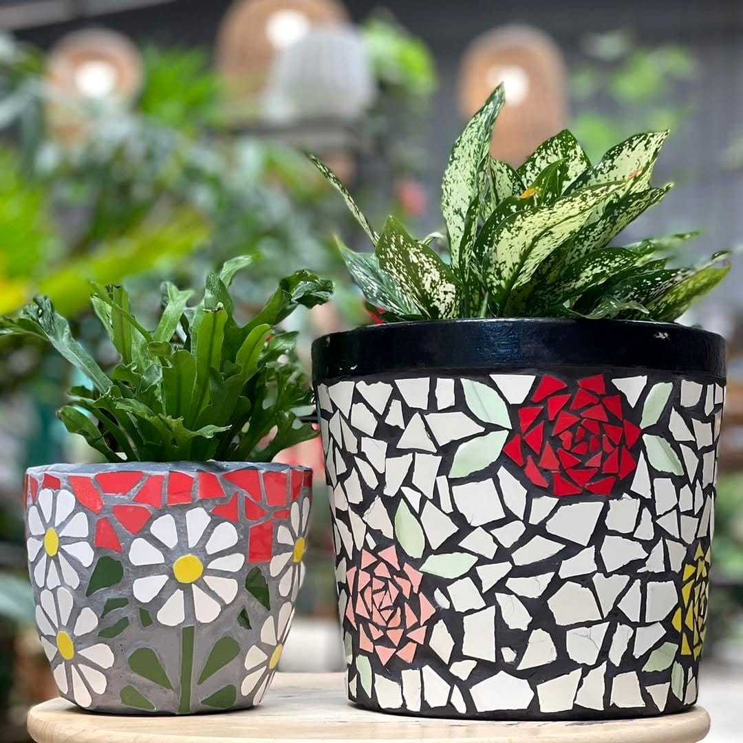 Colorful mosaic tile planter with desert plants