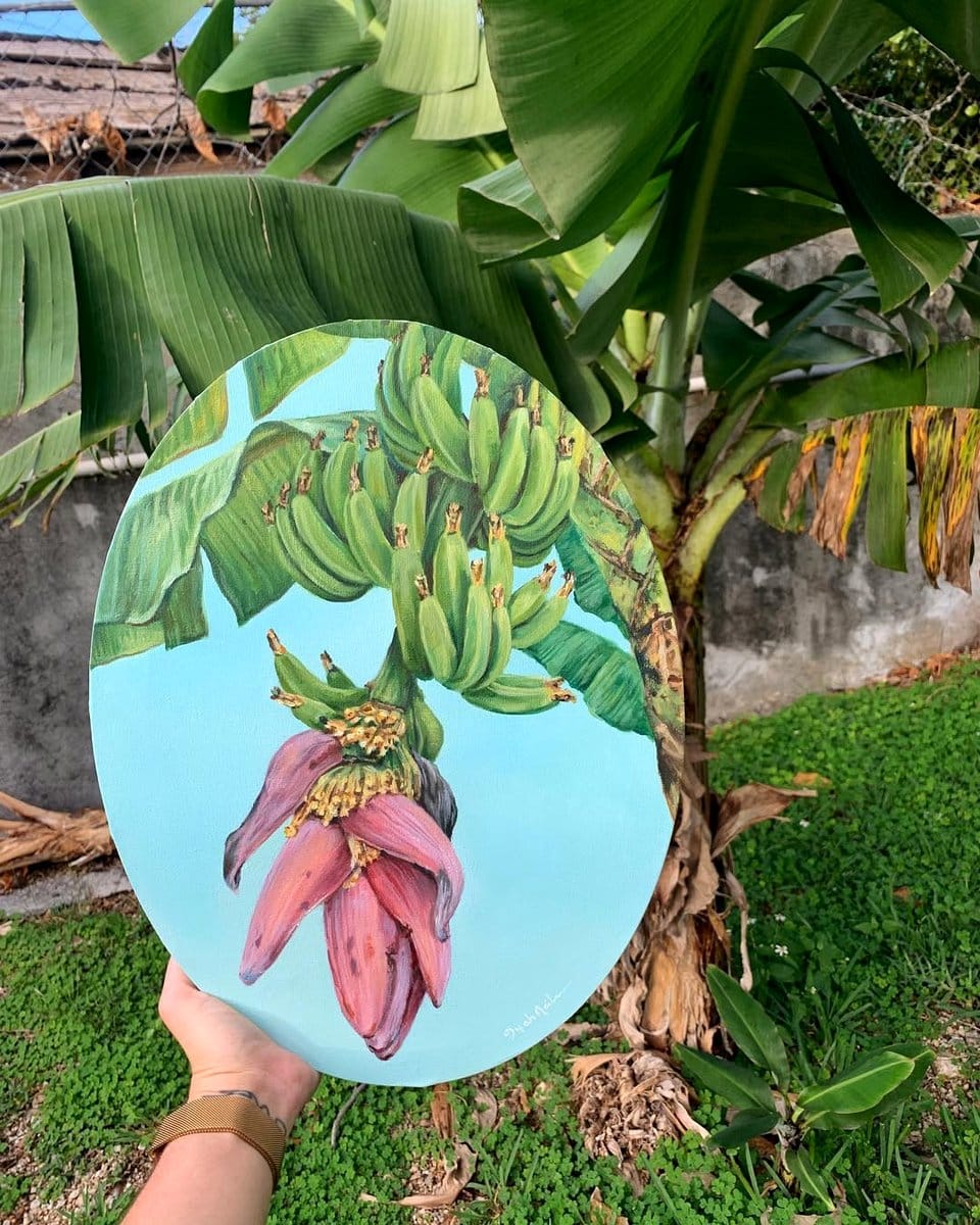 large canvas with banana leaves