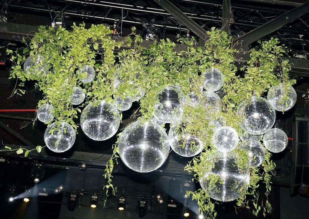 Artistic studio with disco ball plants and vibrant decor