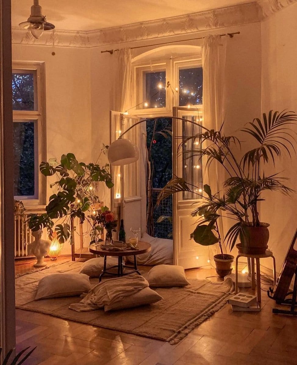 cozy seating with potted plants