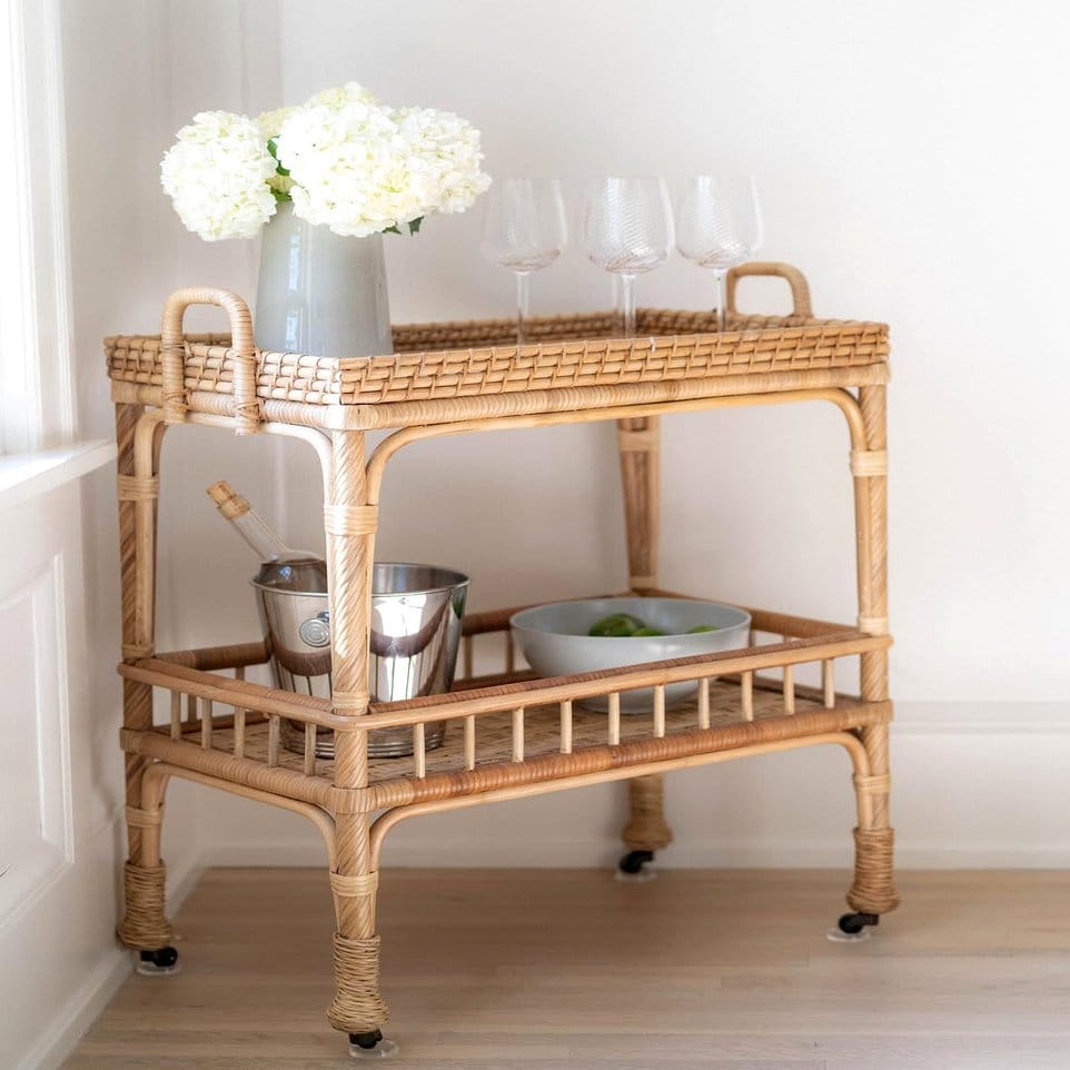 Vintage bar cart with Flamenco Ruffle Plant and decor