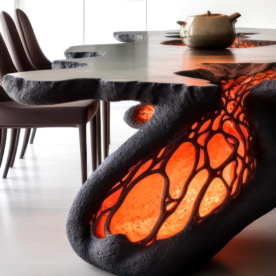 Industrial-style table with lava lamp and metal planters