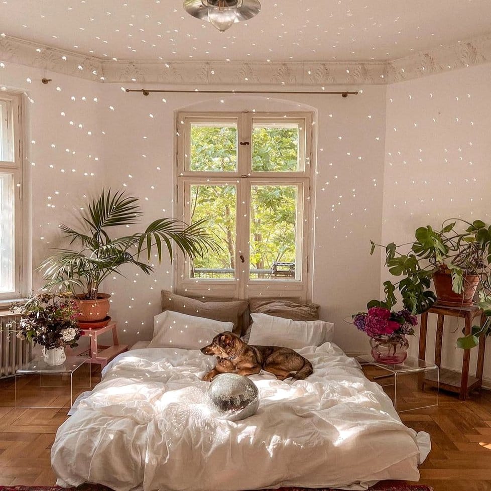 Cozy reading nook with disco ball plant hangers and cushions