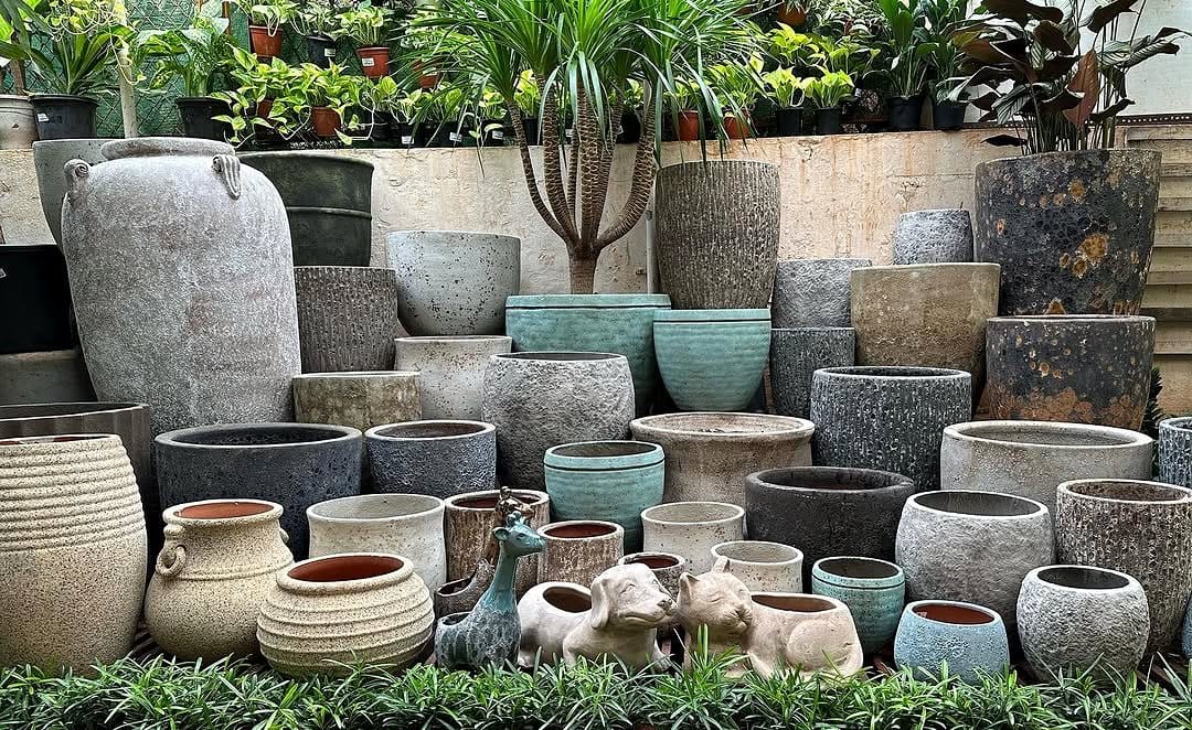 Concrete-look plant pots with rugged designs