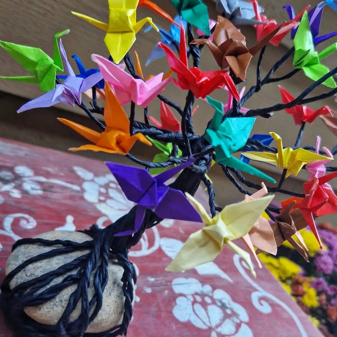 Black and white origami cranes