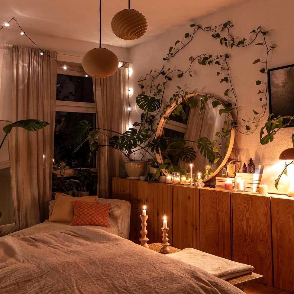 Cozy bohemian tapestry plant shelf arrangement