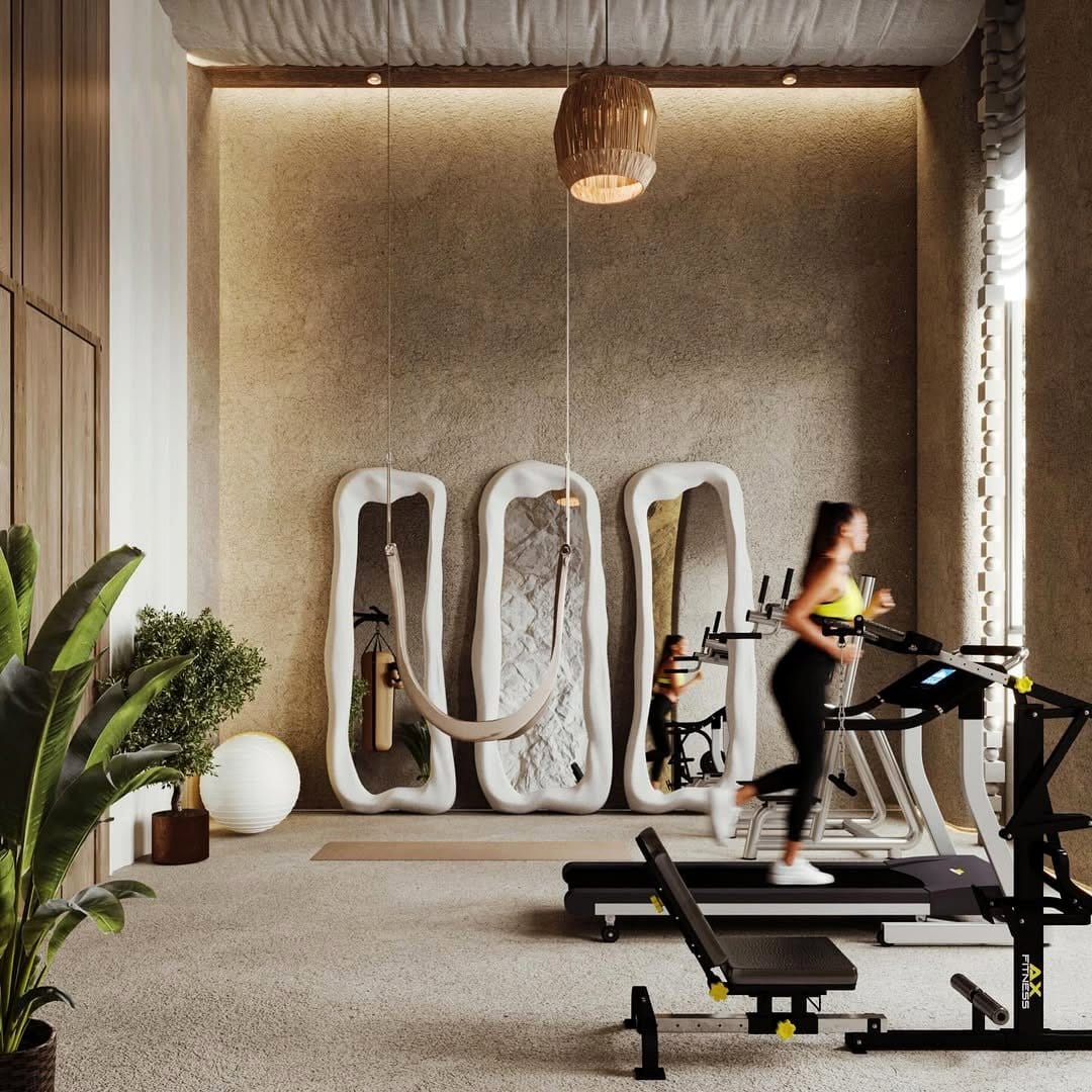 Energizing home gym with jade plants and exercise equipment