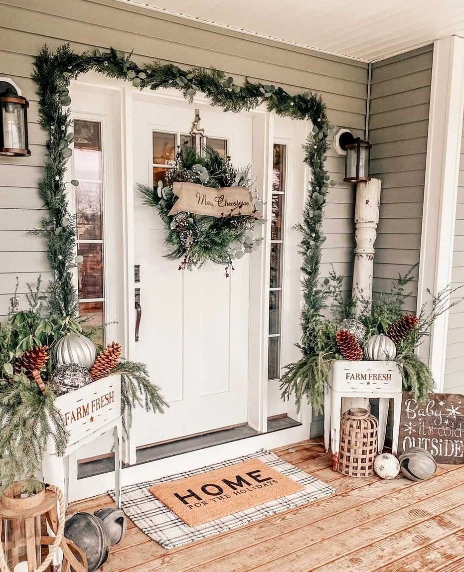reclaimed wood plant bench with potted flowers