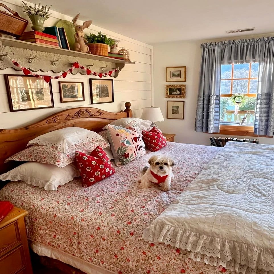 Cozy bedroom with water lily-patterned bedding