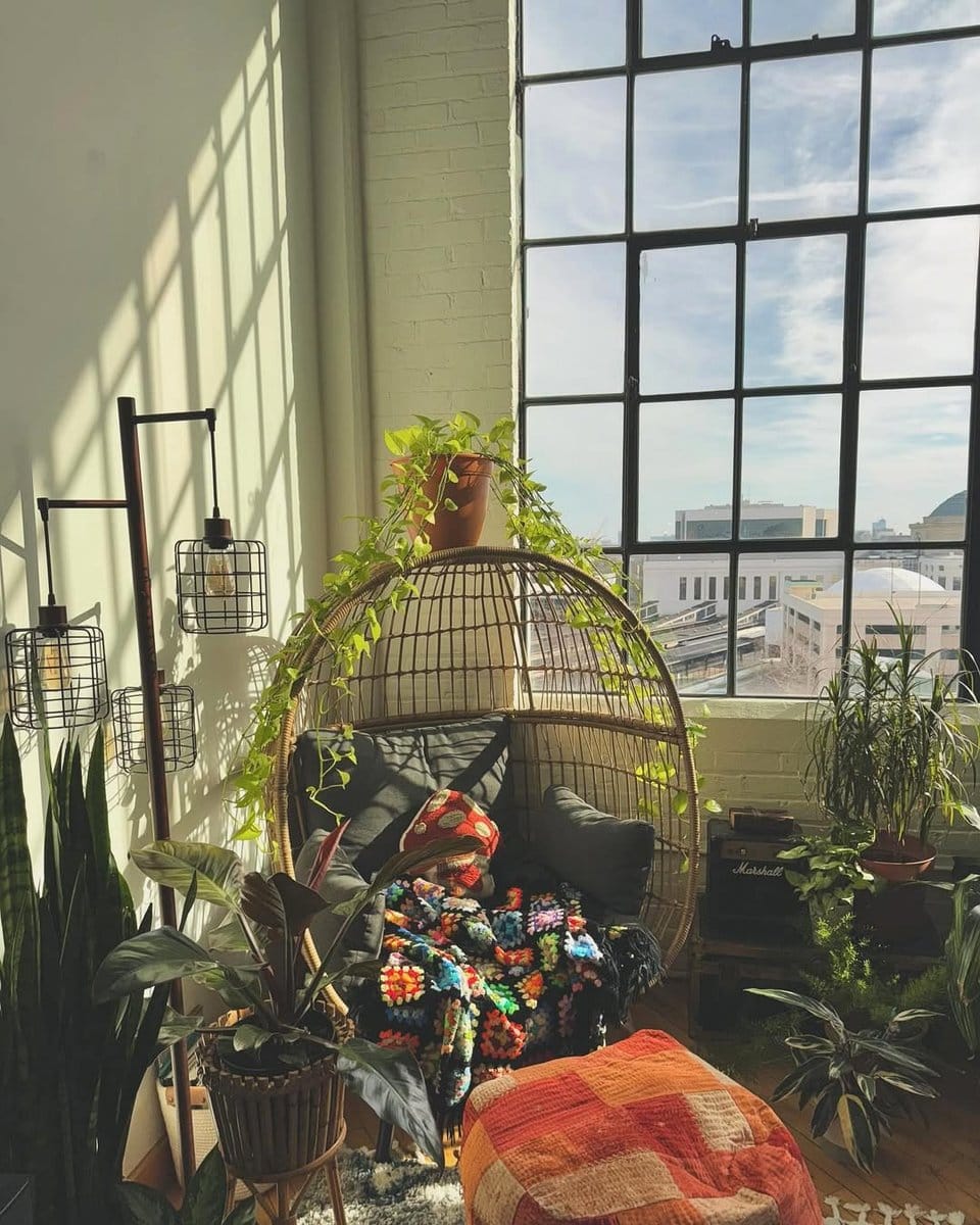 reading nook with plants and cozy chair
