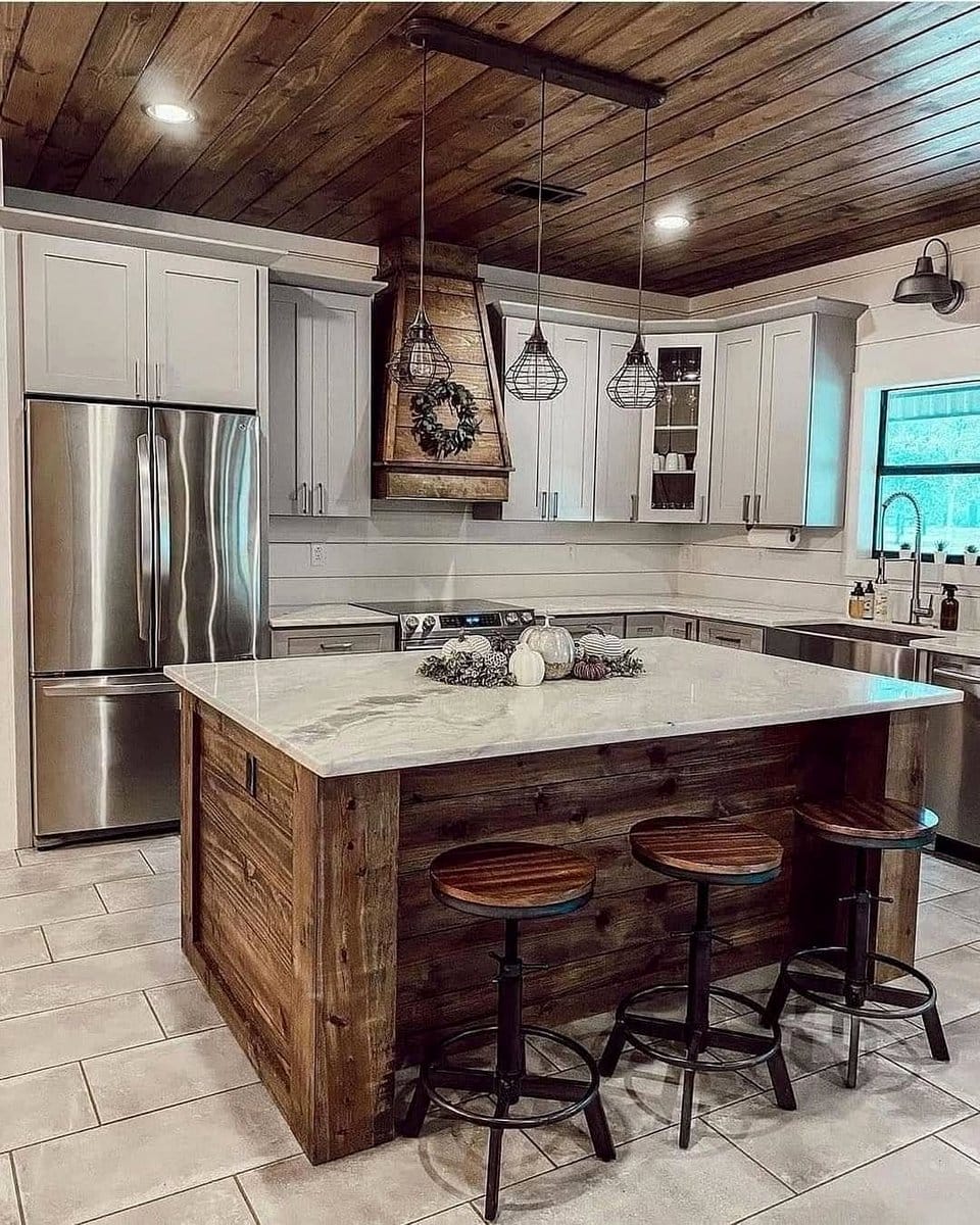 Wooden kitchen island with rustic stools