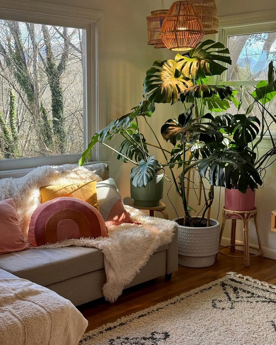 monstera plants in corner nook