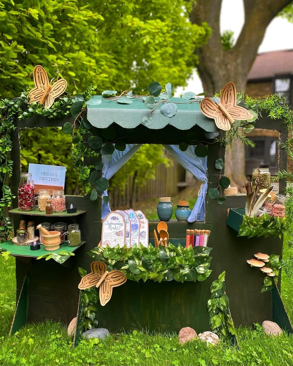 herb garden-themed cable spool table with herbs