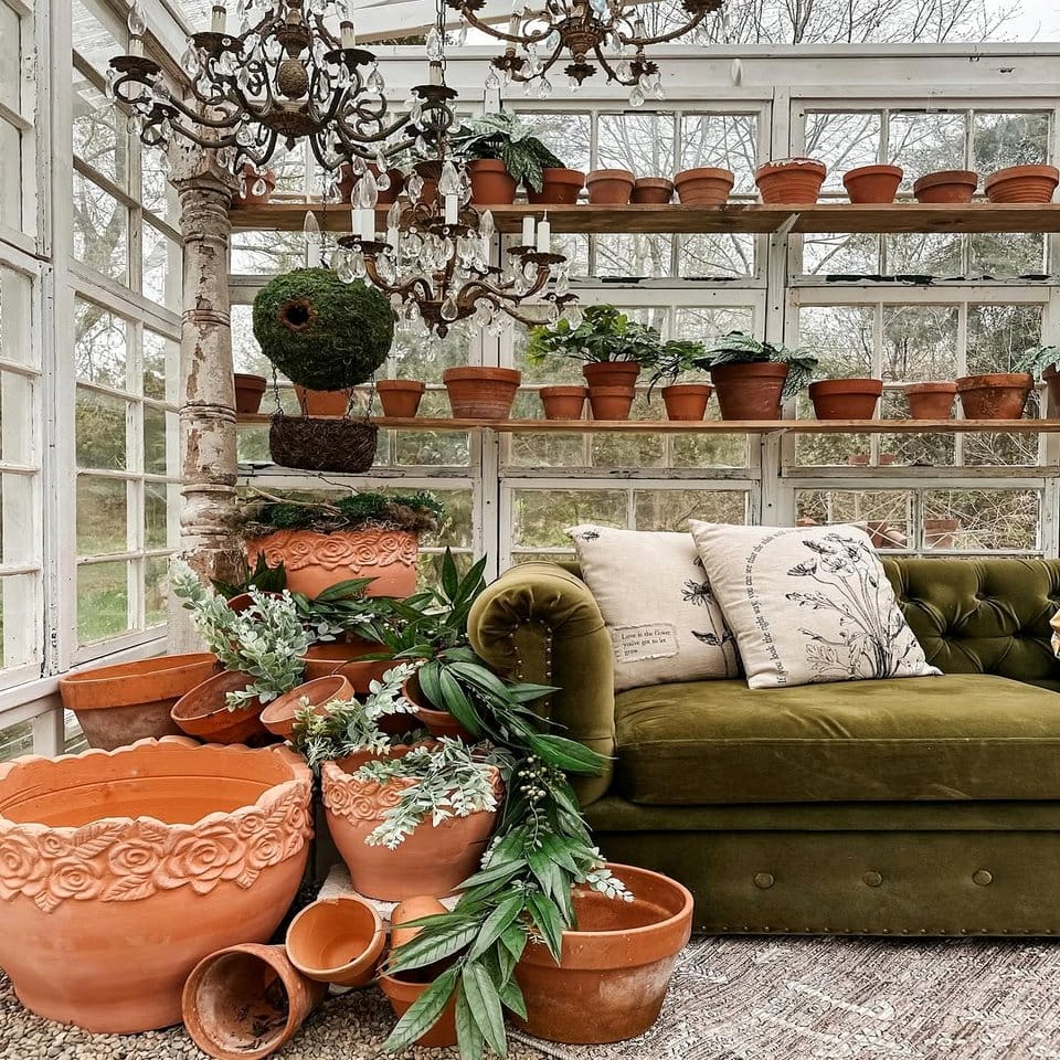Reading corner with clay pots and comfortable chair