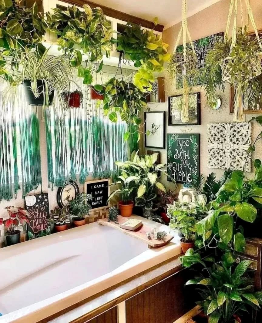 Modern bathroom with reflective plant hangers and tropical plants