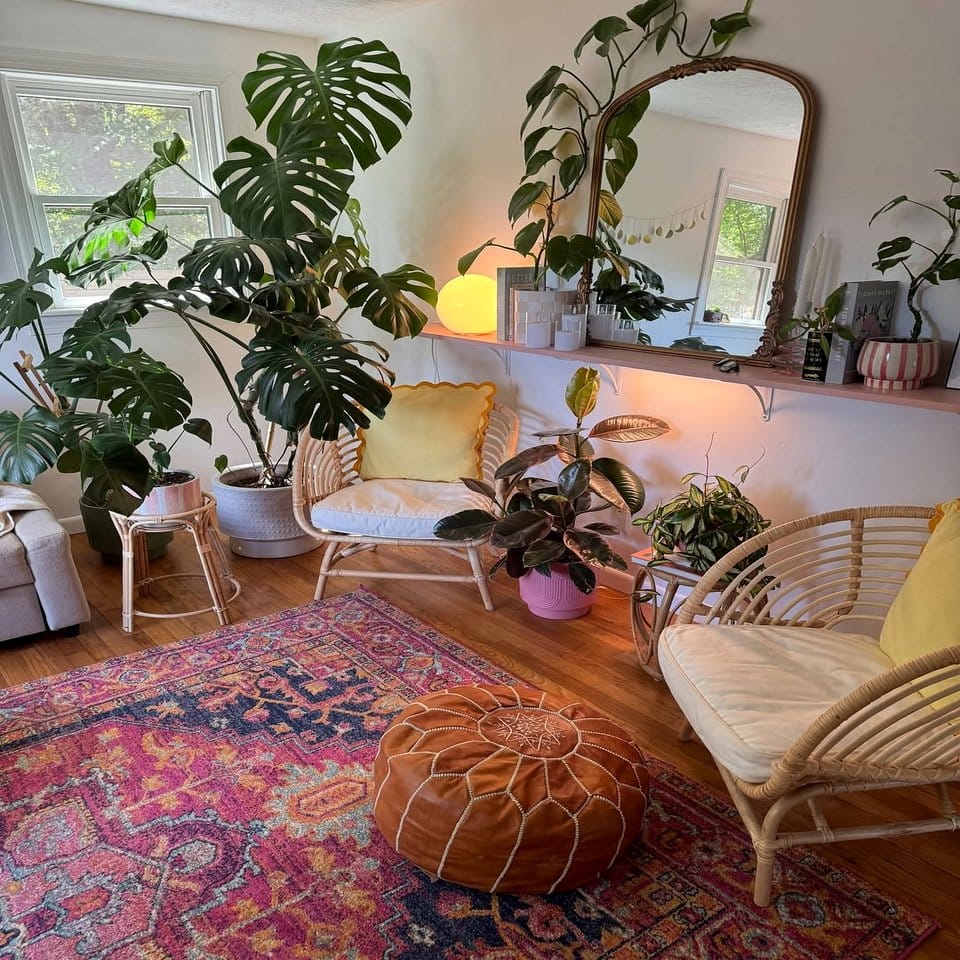 Cushioned seating with tattoo-style plant fabric