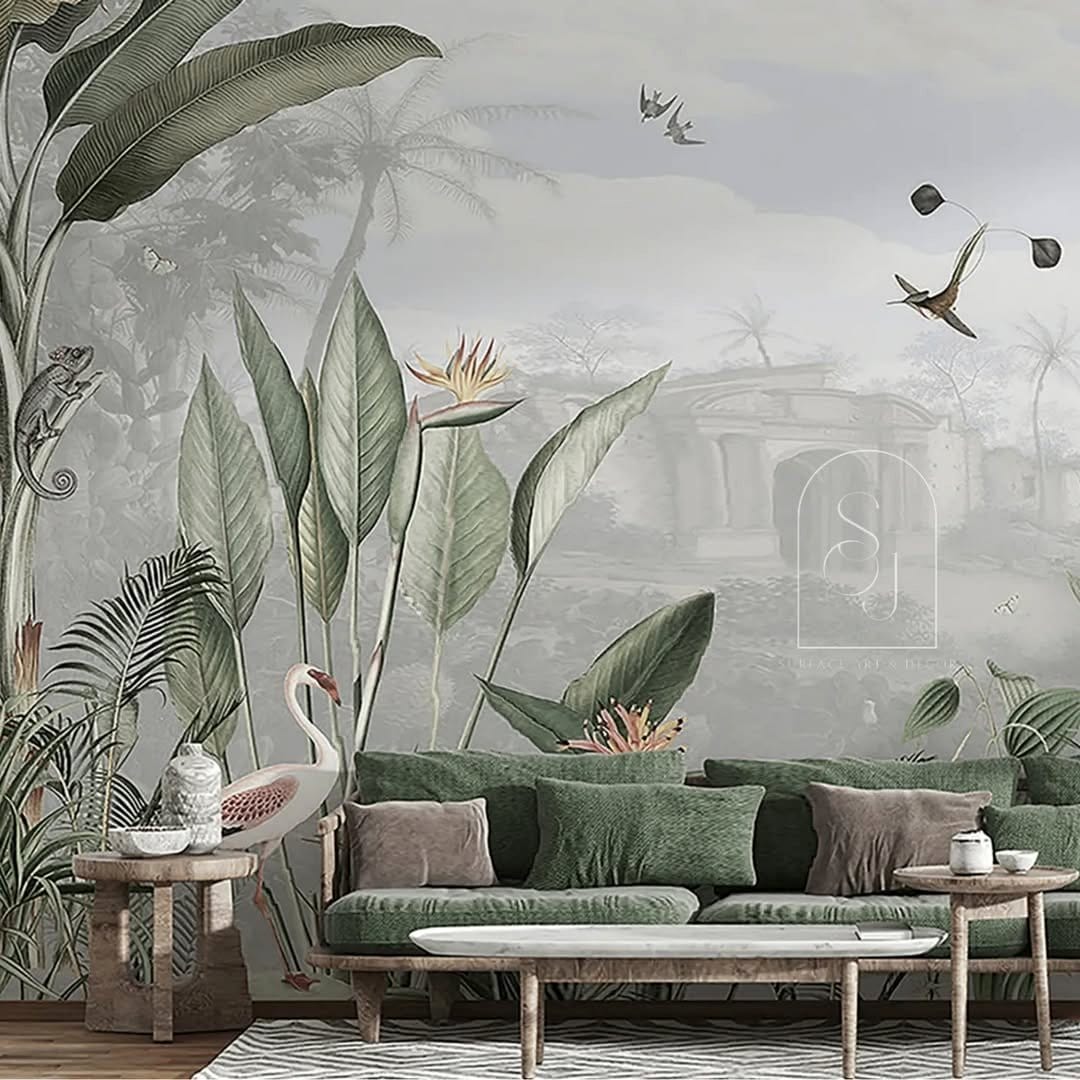 Lush rainforest-themed wallpaper in room setting