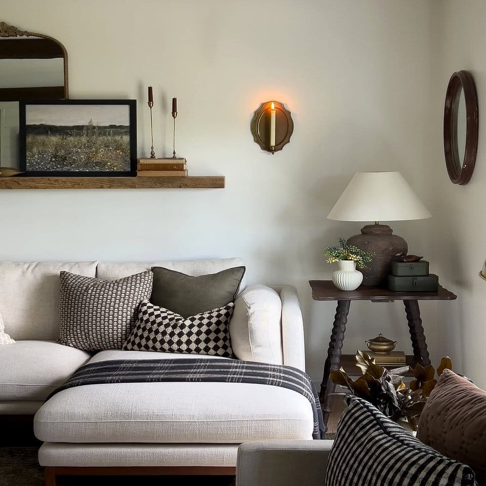 Modern farmhouse interior with tartan plaid plant decor