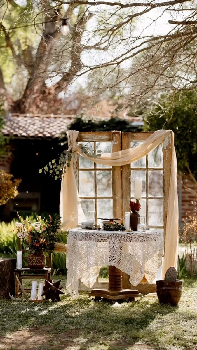 bohemian-style cable spool table with macramé