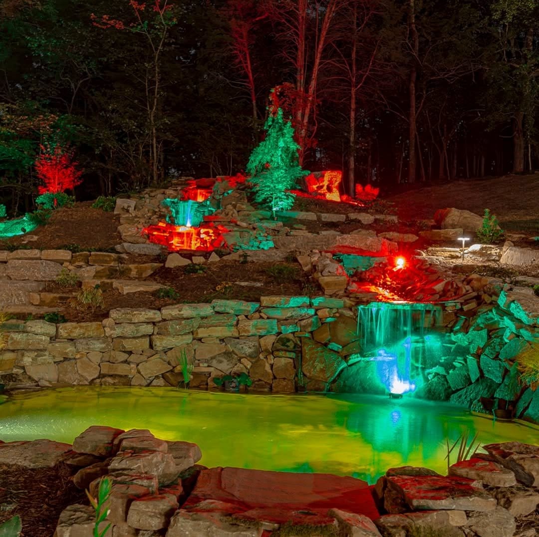 lights over garden waterfall