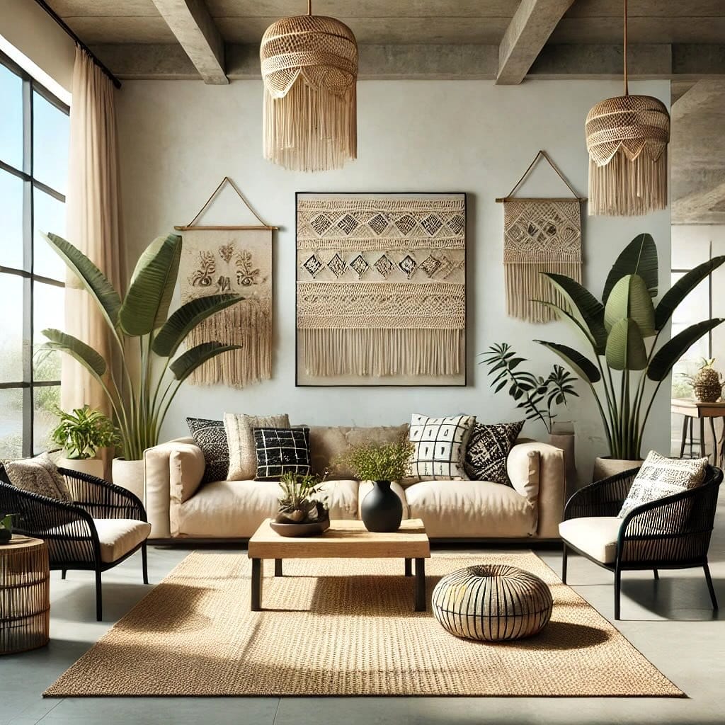 Stylish living room with petrified wood side table and decorative items