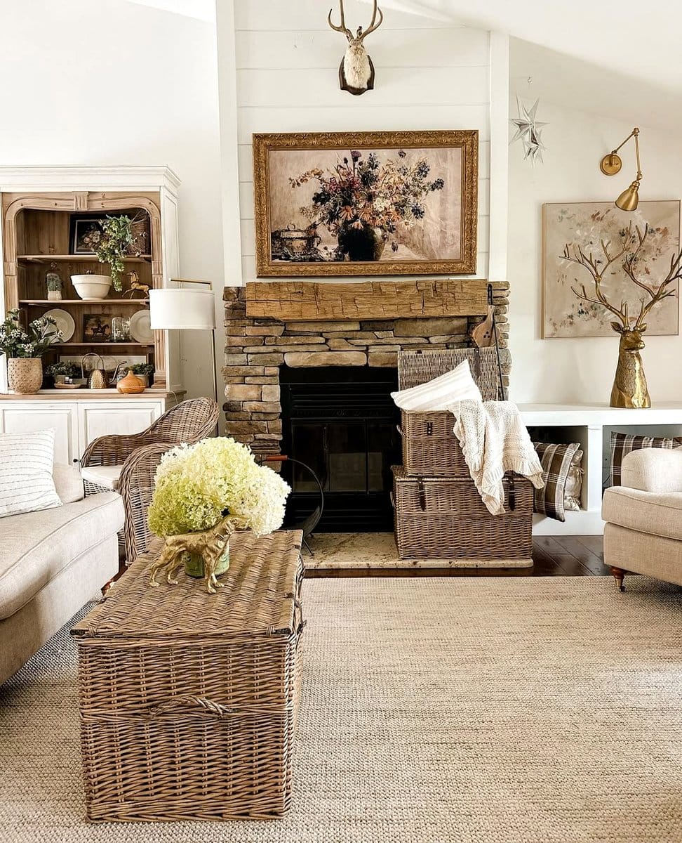 hollowed log blanket holder by fireplace