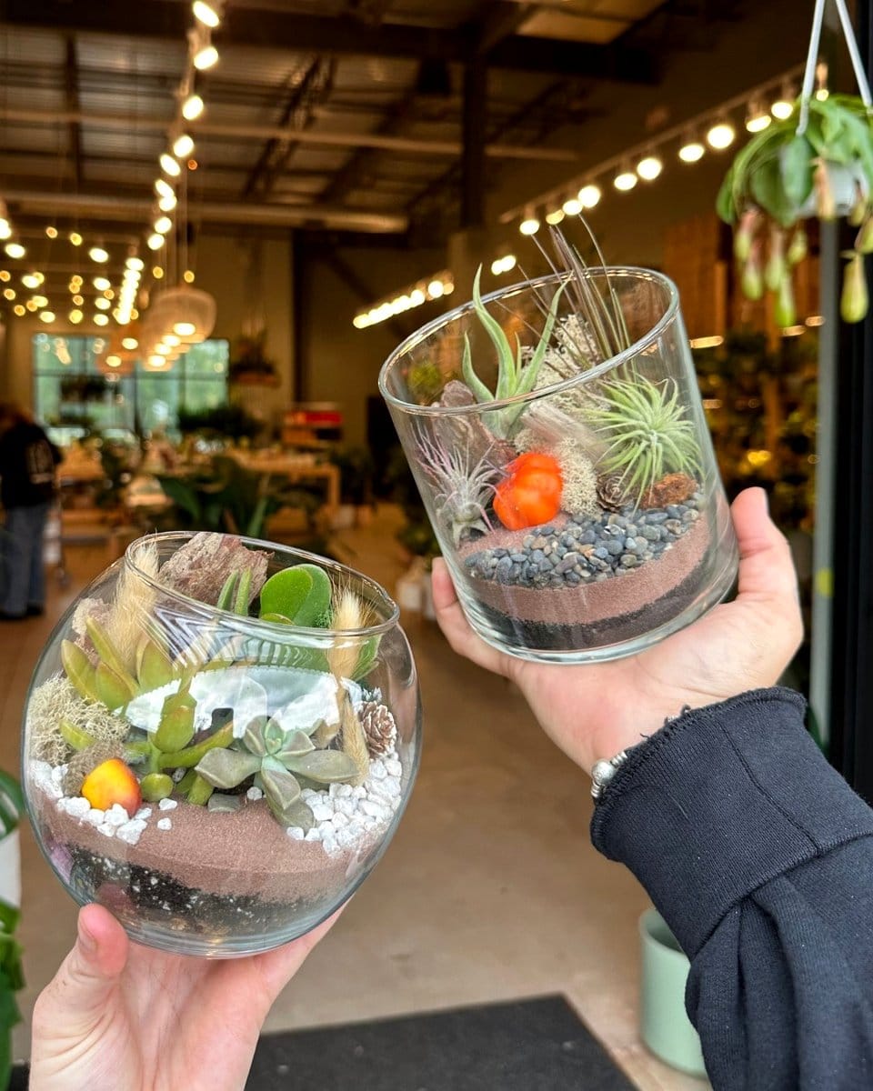 autumn-themed terrarium with leaves