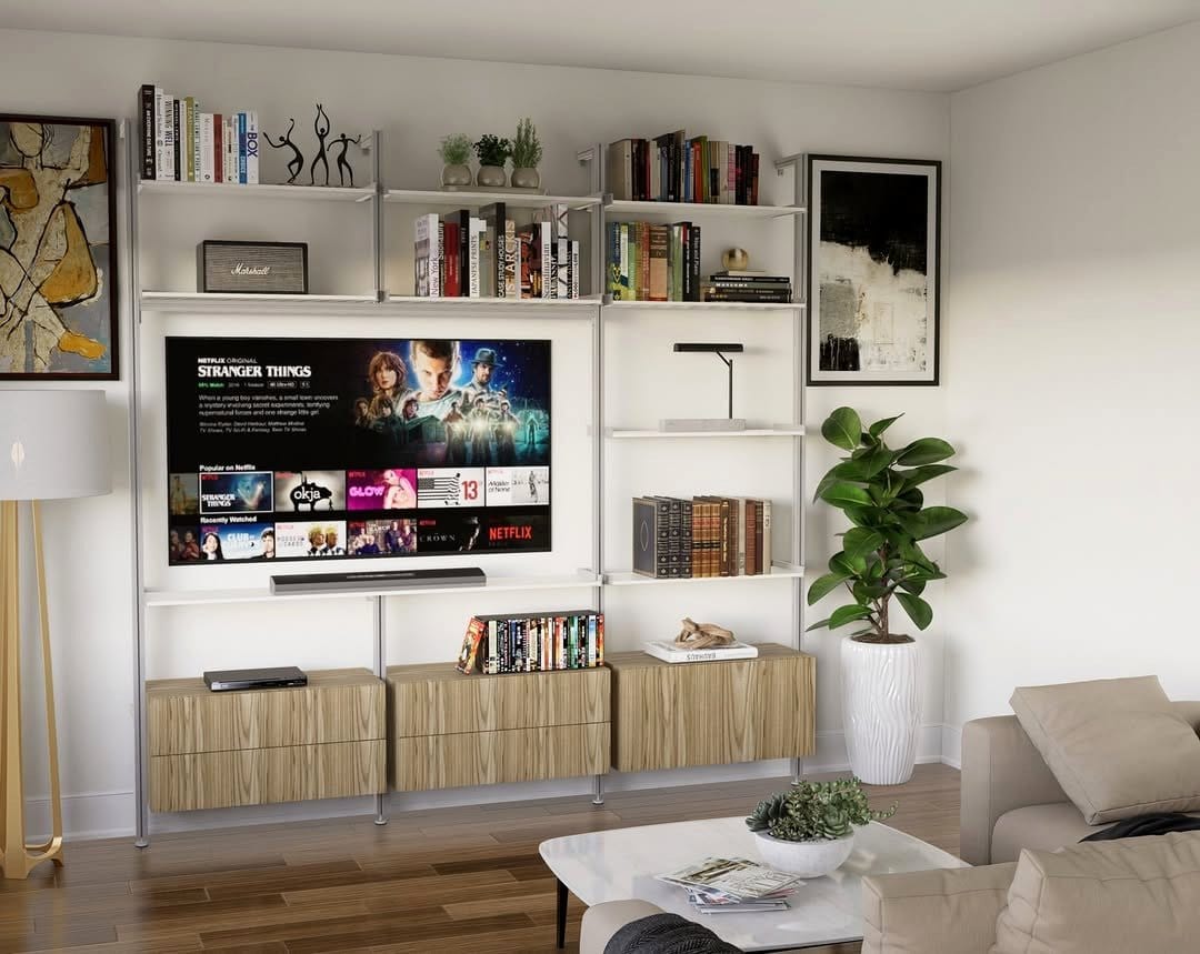Minimalist built-in shelving in a living room