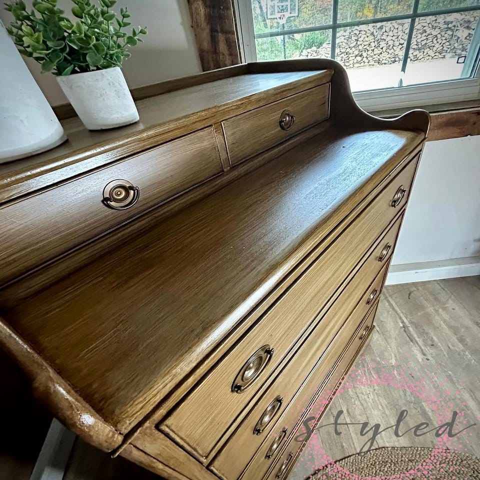 Antique brass hardware on chest