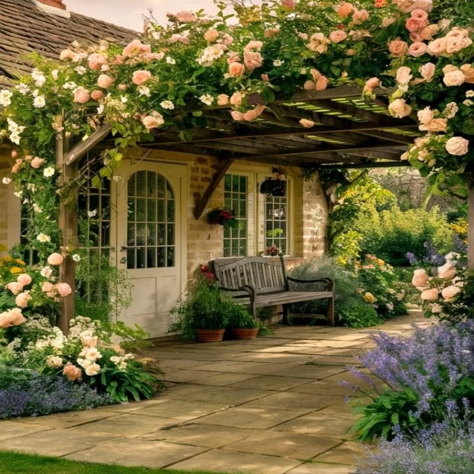 Pergola with climbing herbs