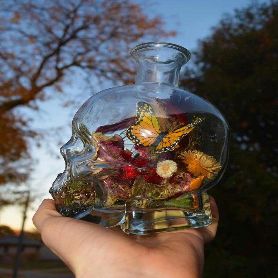 Suspended skull vases with hanging vines