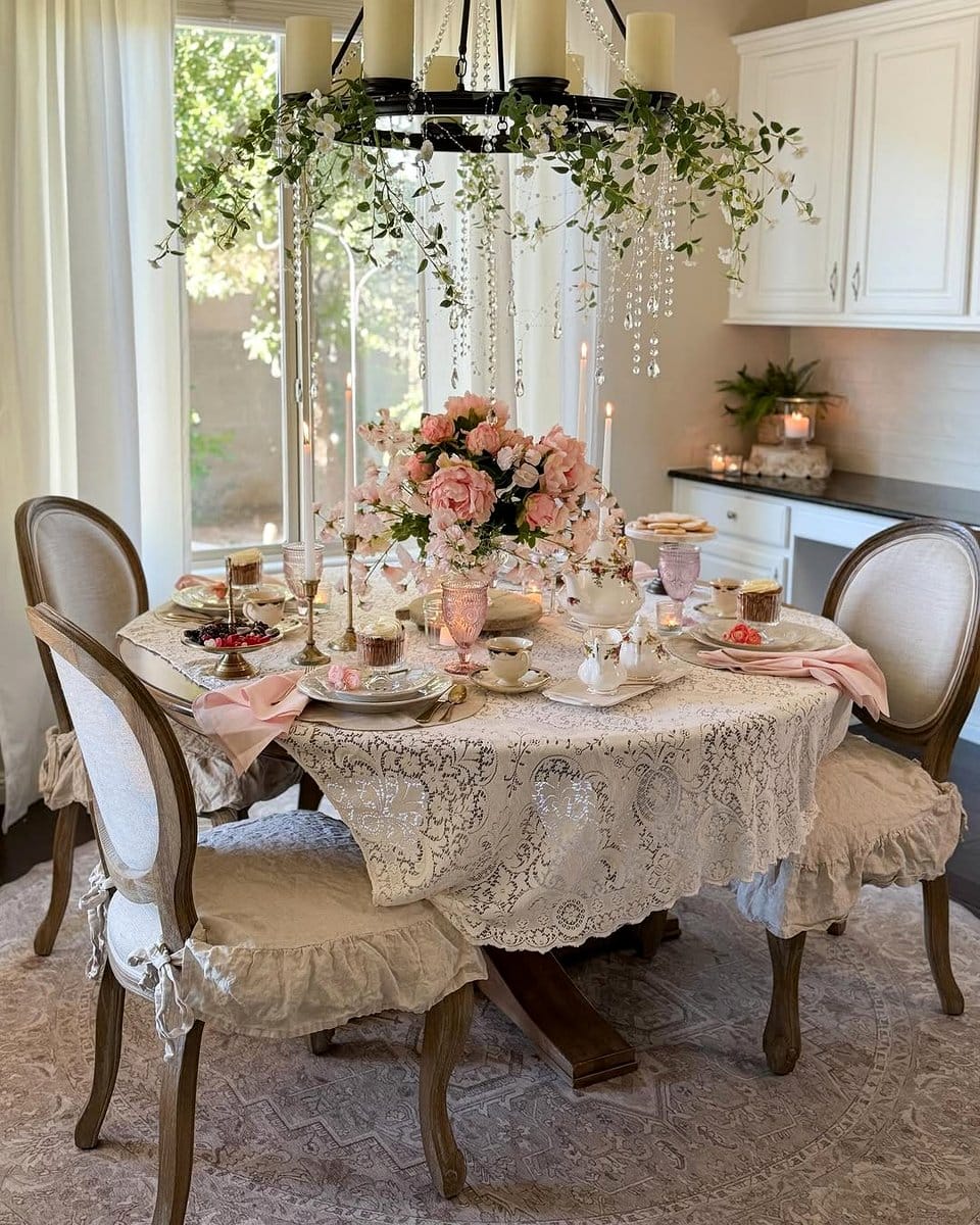 Elegant dining table with lace plant covers