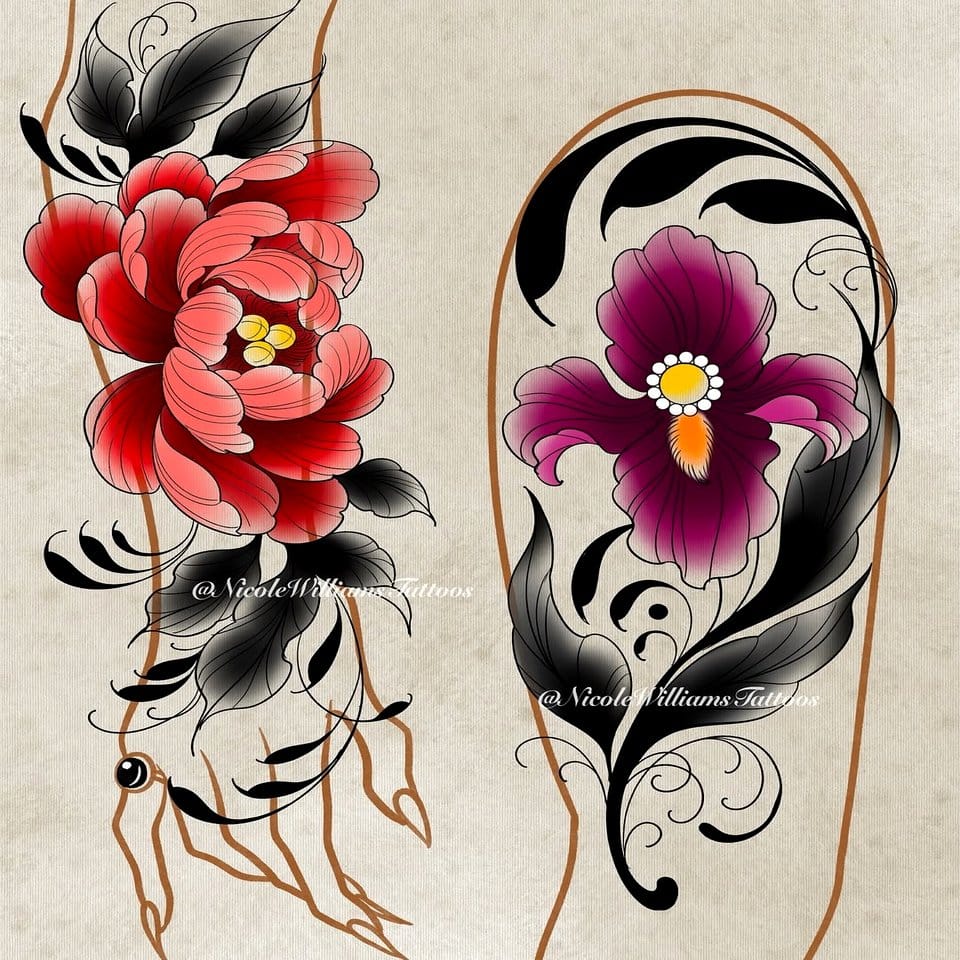 Large neo-traditional tattoo mural with botanical elements
