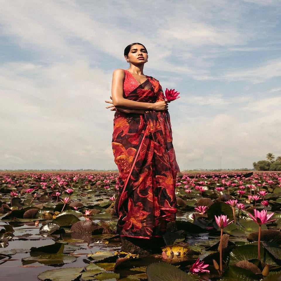 Fashionable outfit with water lily patterns