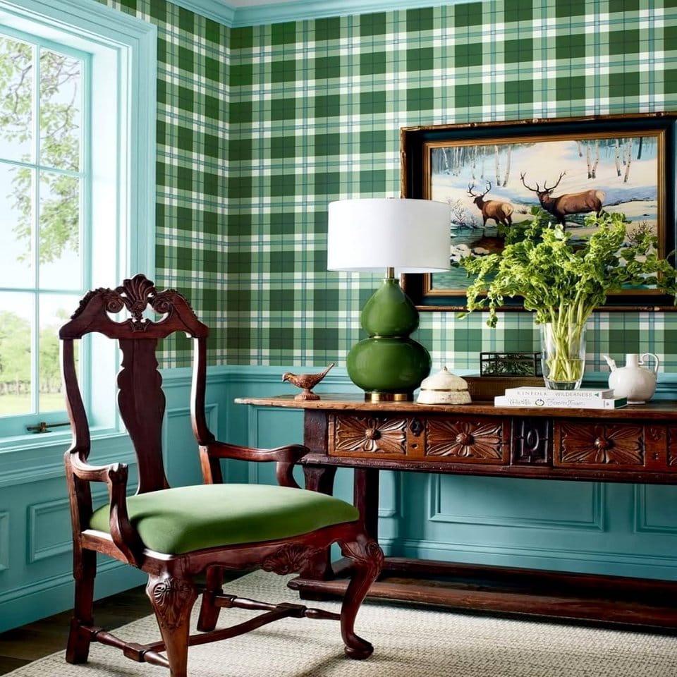 Tartan plaid plant wraps in a cozy living room setting