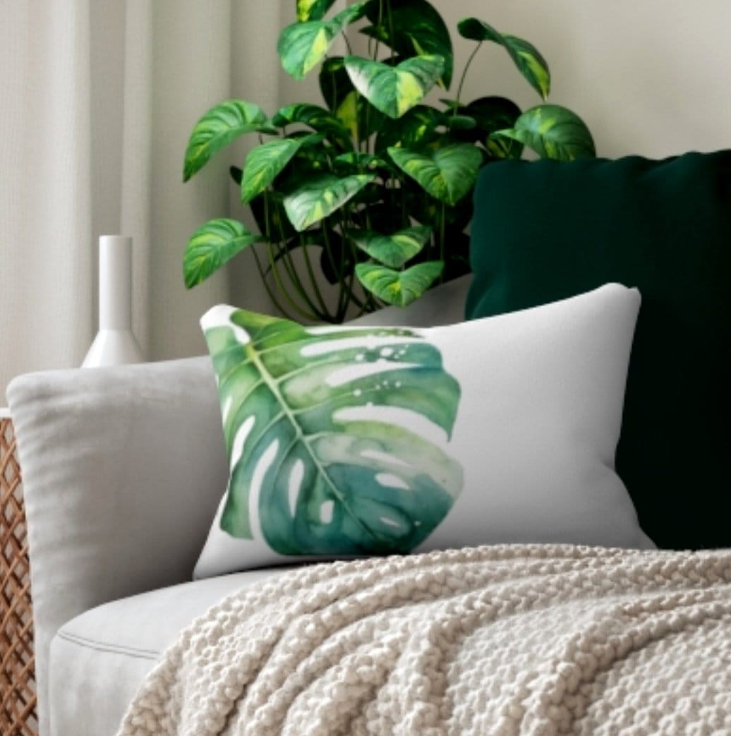 Monstera leaf pattern throw pillows