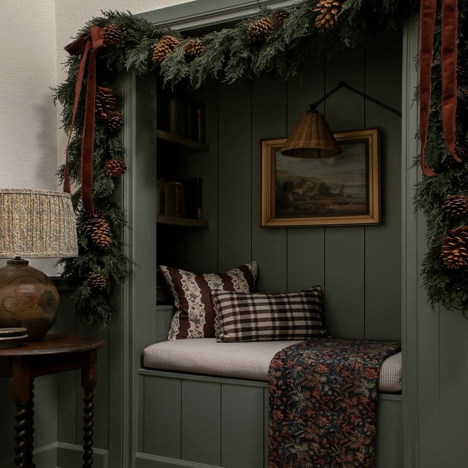 Cozy book nook with tartan plaid plant accents