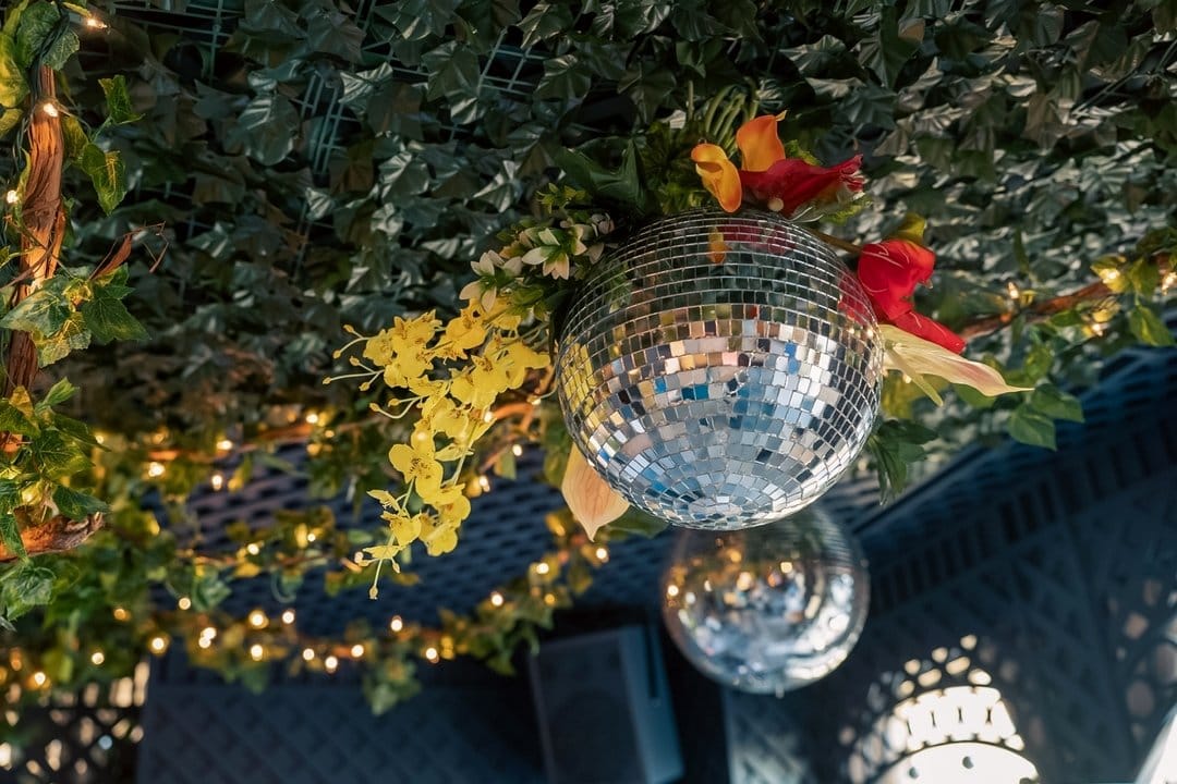 Bright hallway with hanging disco ball planters