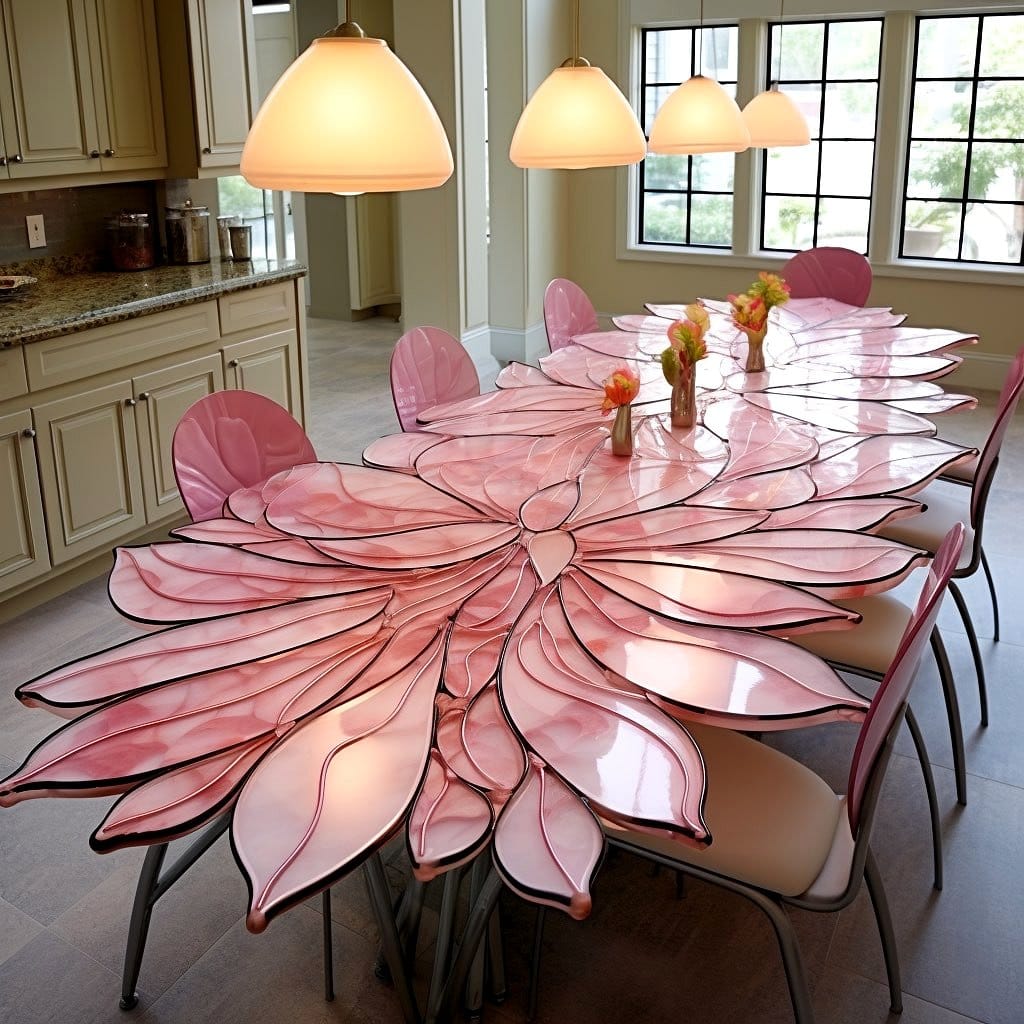 Dining table with scattered cherry blossom petals