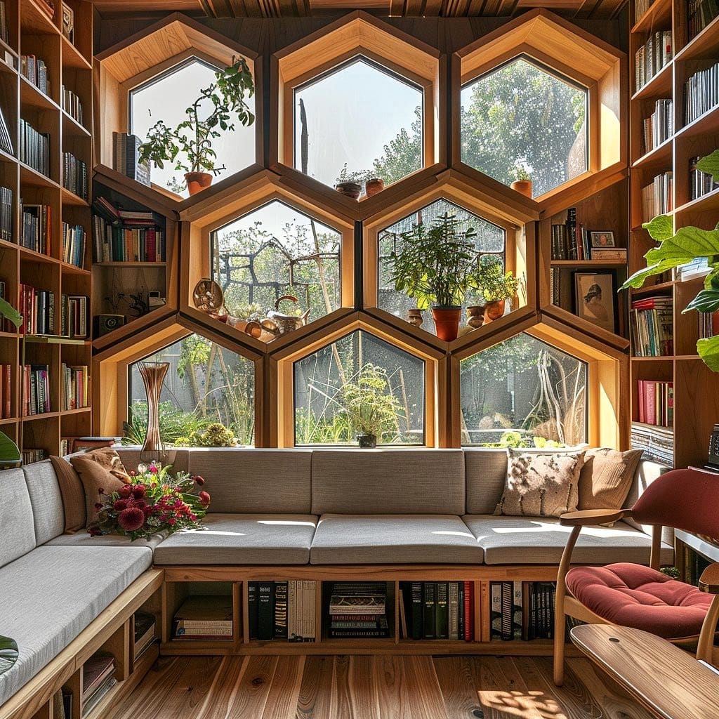 Geometric prism shelf with plants and books
