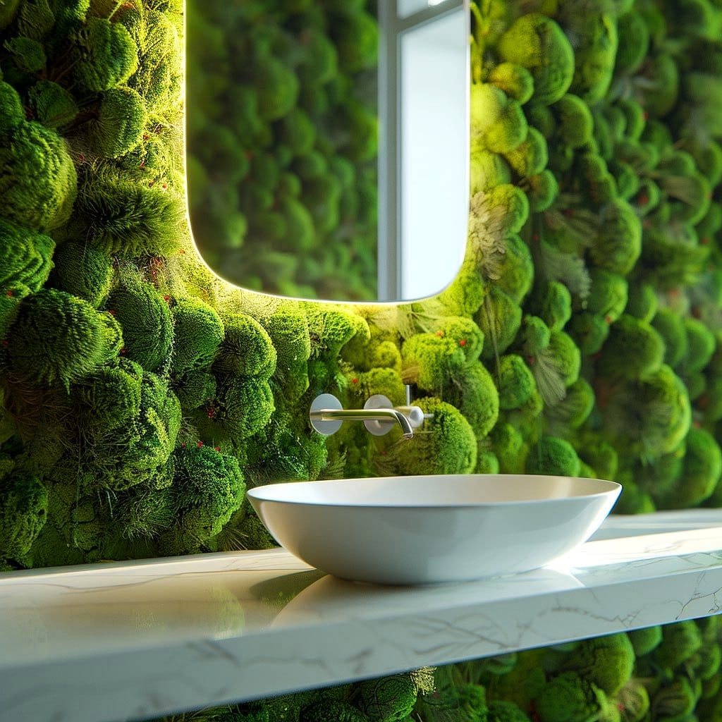 Luxurious bathroom with glowing moss accents