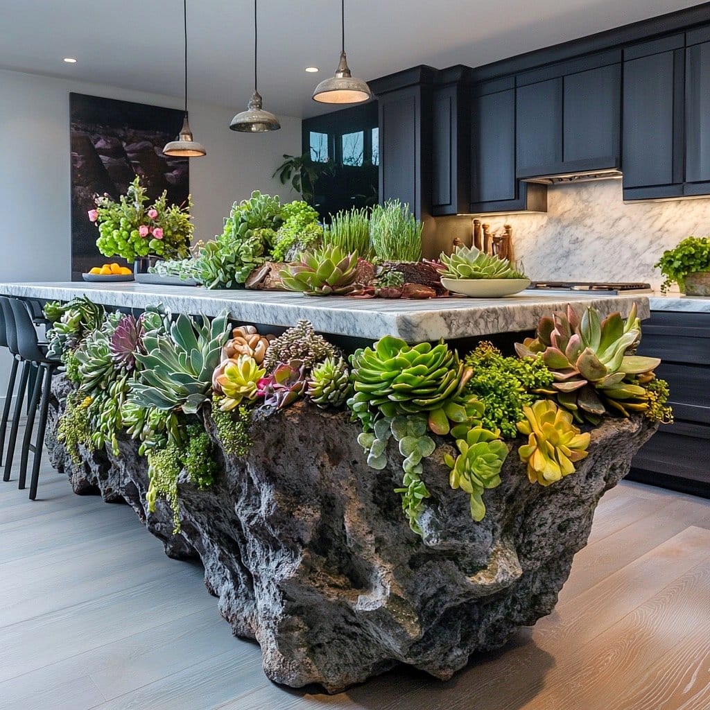kitchen island with herb planters