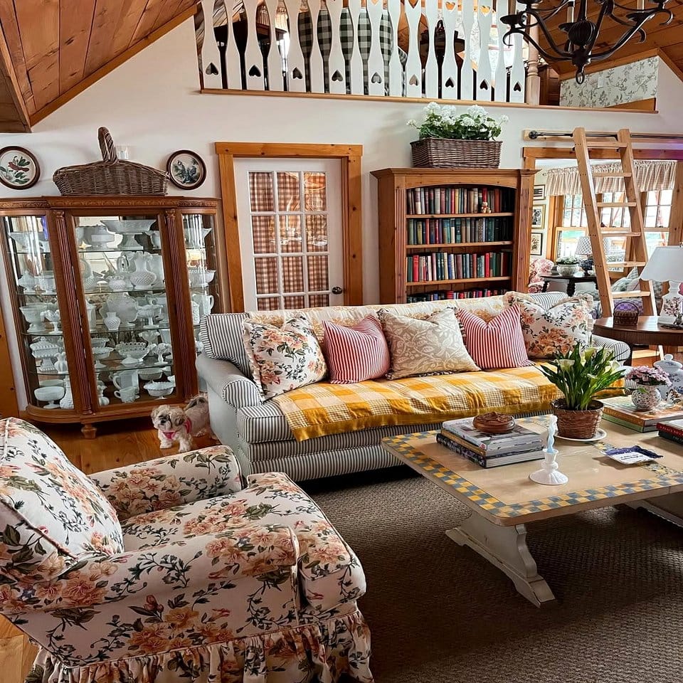 Cozy sofa with water lily-themed throw pillows