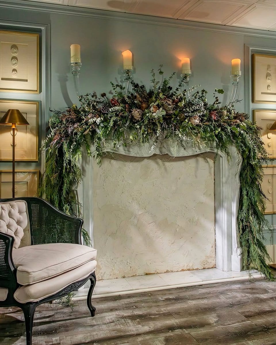 dried flower arrangement on mantel