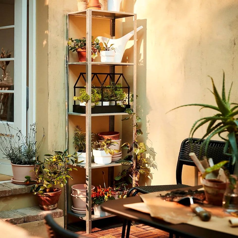 Metal shelves with mixed greenery