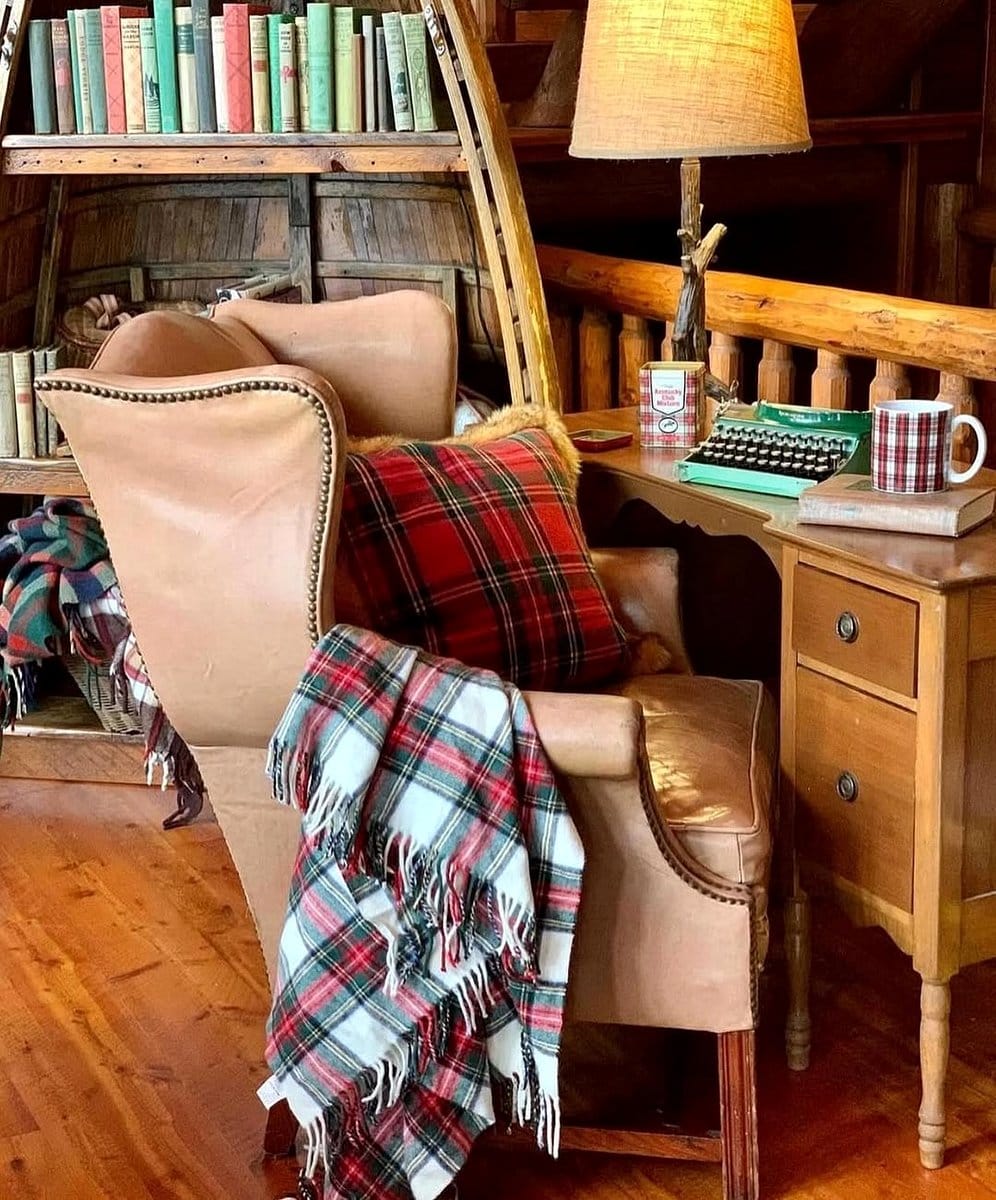 plaid armchair in reading nook