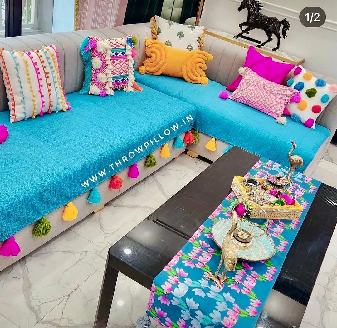 Indigo Shibori throw pillows on a sofa